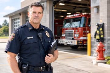 Fire bureau chief standing outside a modern fire station, with a red fire engine visible behind him.