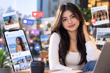 Young woman surrounded by social media posts and engagement icons, showing growing online attention.