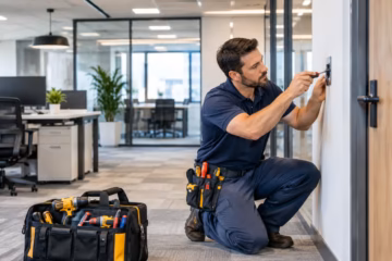 Commercial handyman repairing an electrical fixture in a modern office with tools nearby.