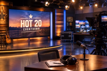 Empty TV studio with Hot 20 countdown screen, microphone, camera, headphones, and studio lights.