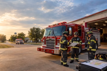 Firefighters coordinate beside a red engine outside a rural fire station at sunset in Oklahoma area.