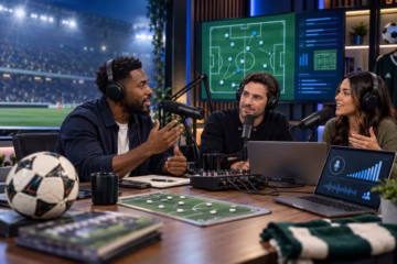 Three soccer podcast hosts discuss tactics in a modern studio with microphones, screens, and a ball.