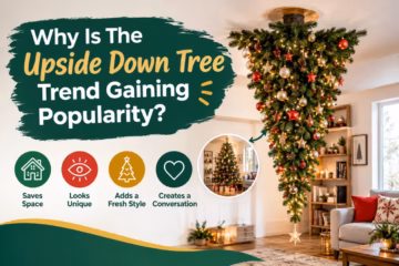 Upside-down Christmas tree decorated with lights and ornaments in a cozy living room, highlighting the growing trend.