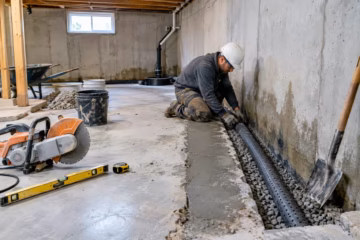 Contractor installing a French drain pipe along a basement wall to prevent water damage